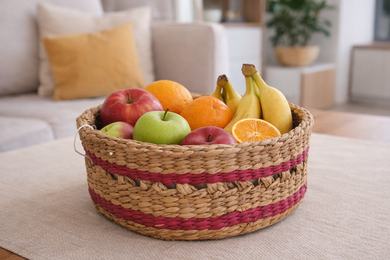 Handwoven Natural Fiber Storage Basket – Rustic Red Accent