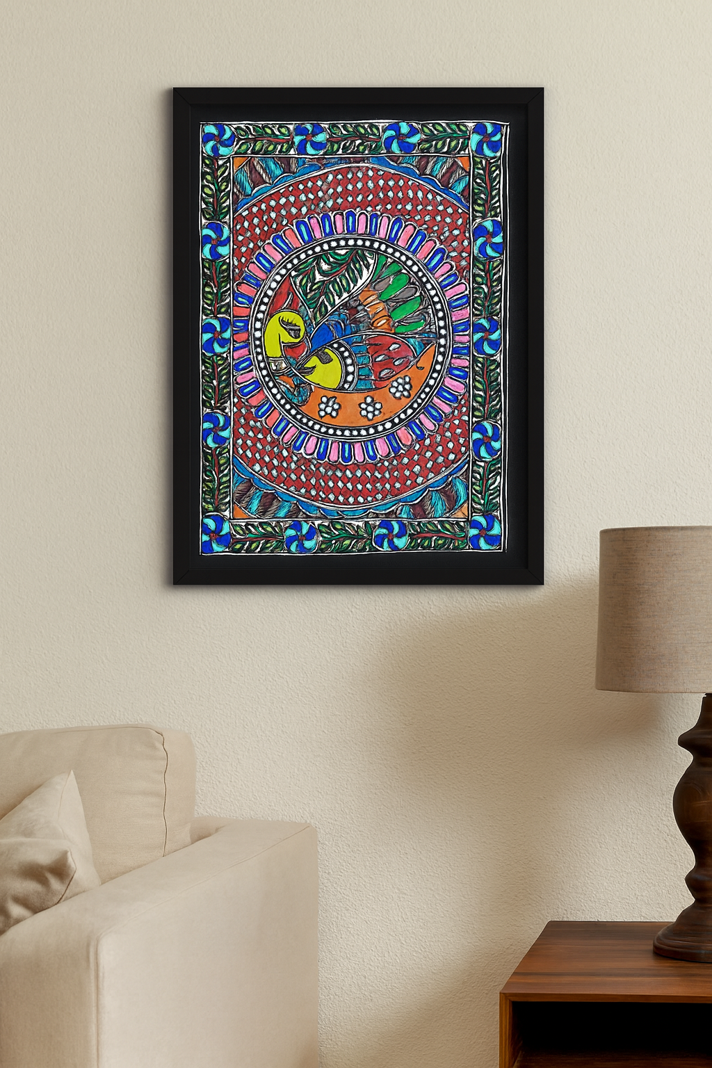 Handcrafted Madhubani Painting – Vibrant Fish Motif in Ornamental Mandala (Without Frame)