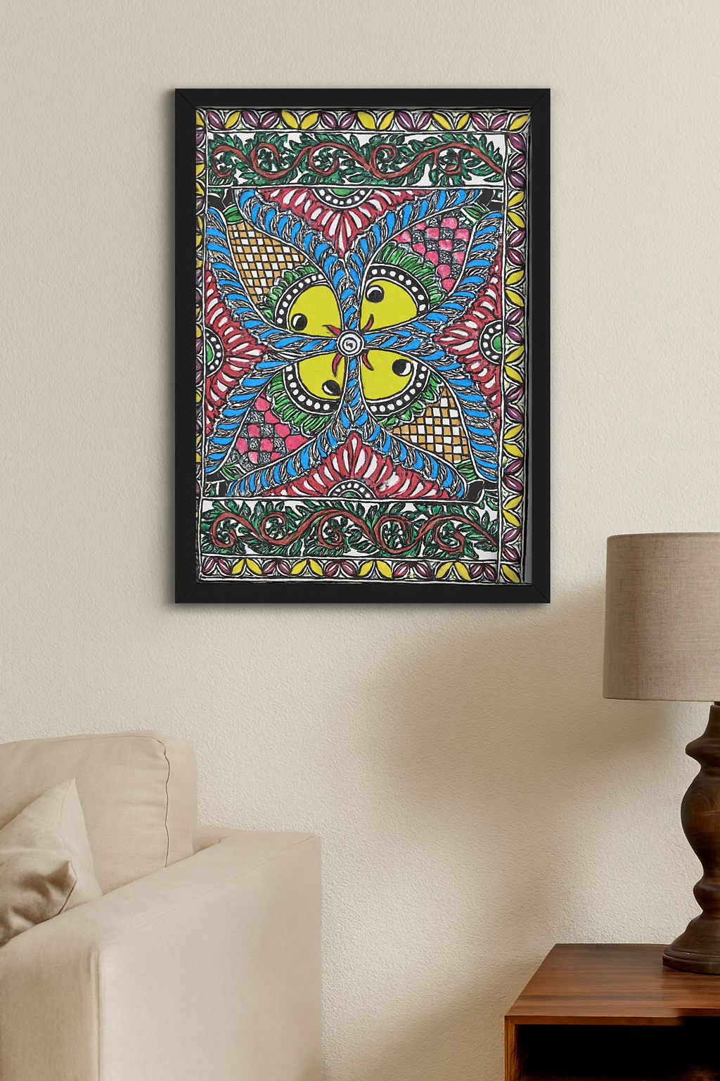 Handcrafted Madhubani Painting – Vibrant Four-Fish Mandala (Without Frame)