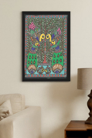Handcrafted Madhubani Painting – Vibrant Peacock with Tree of Life & Fish Motif (Without Frame)