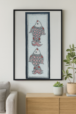 Handcrafted Madhubani Painting – Twin Fish Motif (Without Frame)