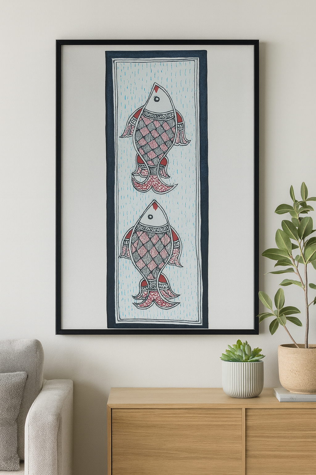 Handcrafted Madhubani Painting – Twin Fish Motif (Without Frame)