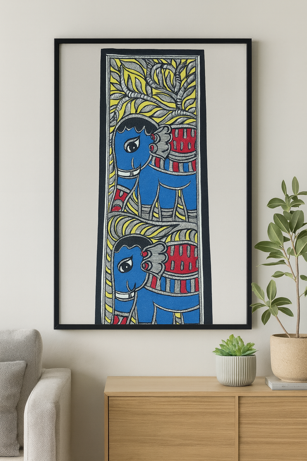Handcrafted Madhubani Painting – Twin Elephant Motif (Without Frame)