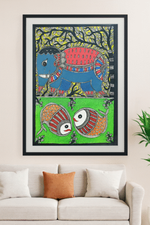 Handcrafted Madhubani Painting – Elephant & Fish Motif (Without Frame)