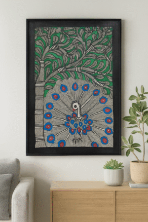 Handcrafted Madhubani Painting – Majestic Peacock Under a Forest Canopy (Without Frame)