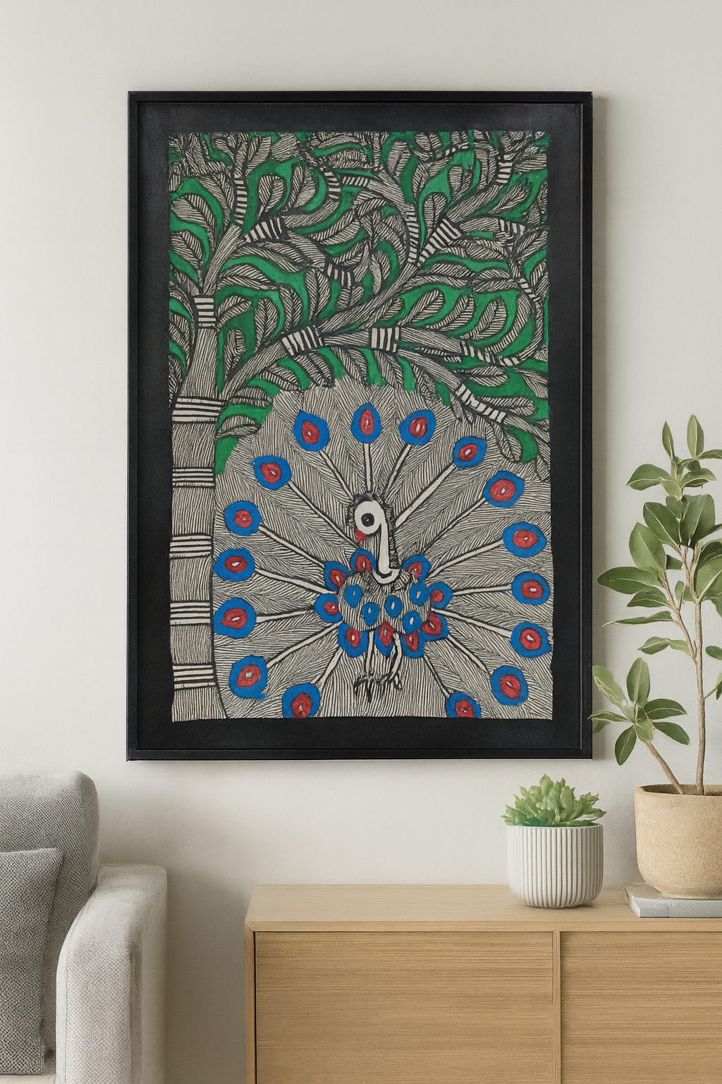 Handcrafted Madhubani Painting – Majestic Peacock Under a Forest Canopy (Without Frame)
