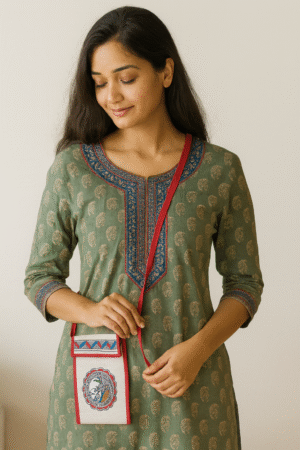 Handmade Jute Mobile Pouch With Madhubani Painting Fish Motif