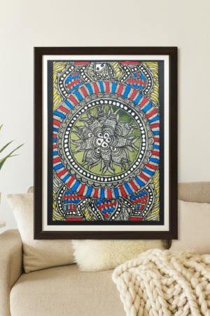 Handcrafted Madhubani Painting – Mandala with Fish Motif (Without Frame)