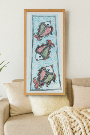 Handcrafted Madhubani Painting – Trio of Folk Fish Motifs (Without Frame)