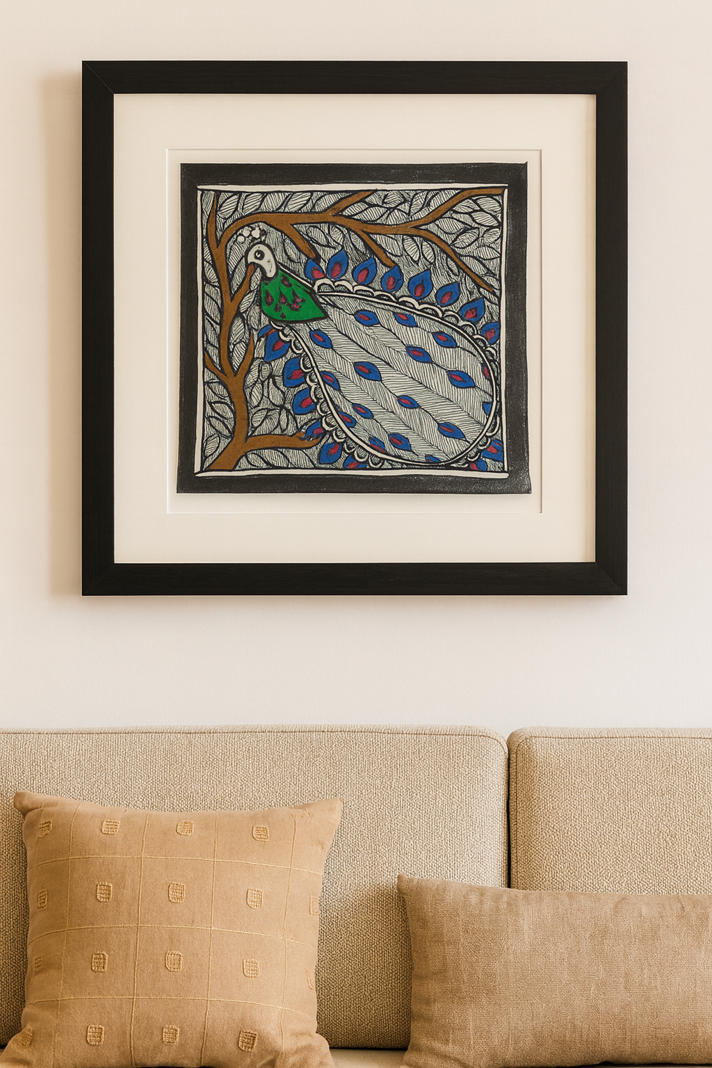 Handcrafted Madhubani Painting – Elegant Peacock Under a Tree (Without Frame)