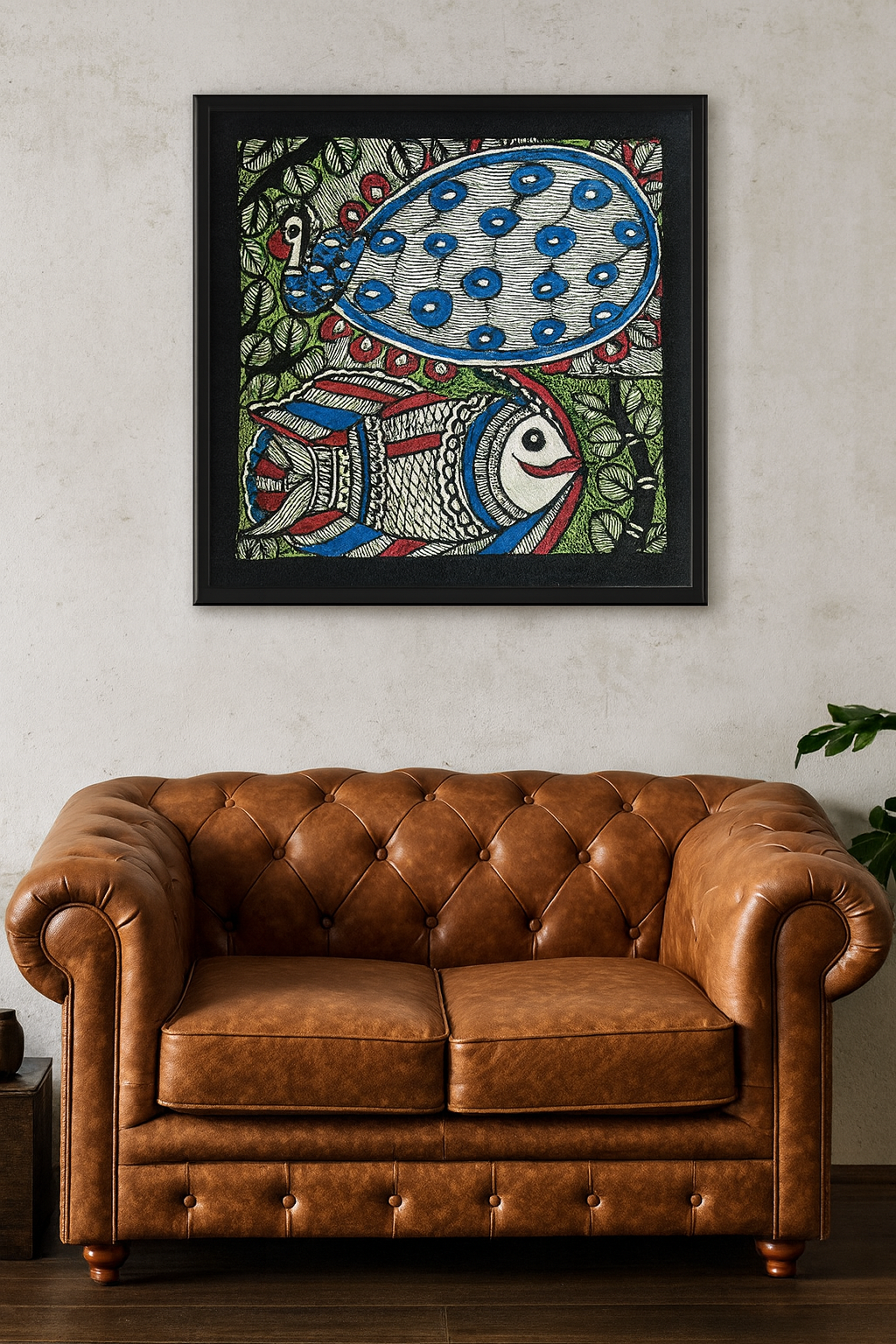 Handcrafted Madhubani Painting – Peacock & Fish Dual Motif (Without Frame)