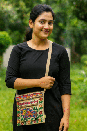 Handmade Jute Sling Bag With Madhubani Painting Fish Motif