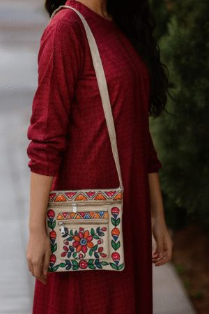 Handmade Jute Sling Bag With Madhubani Painting Flower Motif