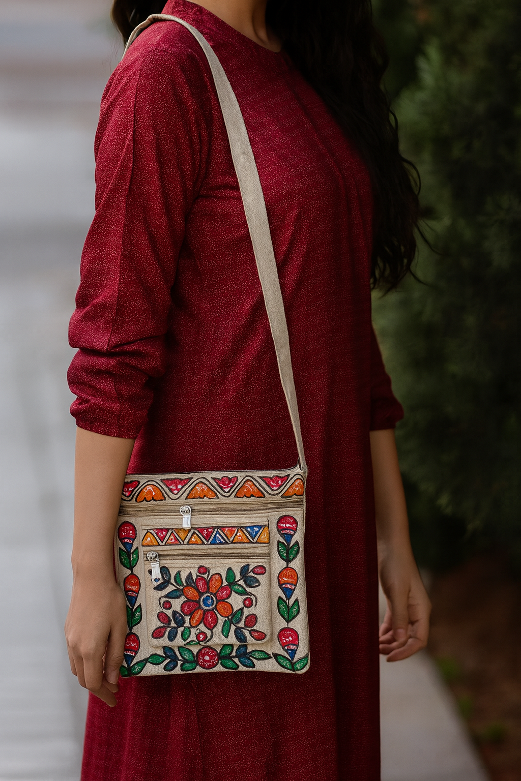 Handmade Jute Sling Bag With Madhubani Painting Flower Motif