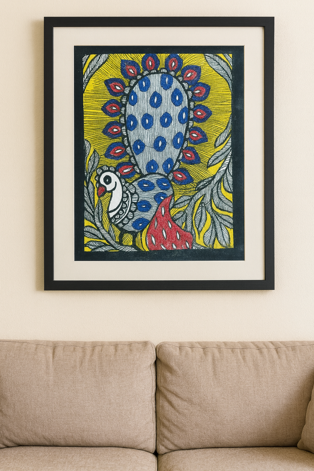 Handcrafted Madhubani Painting – Traditional Peacock Motif (Without Frame)