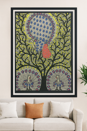 Handcrafted Madhubani Painting – Peacocks Under the Sacred Tree (Without Frame)