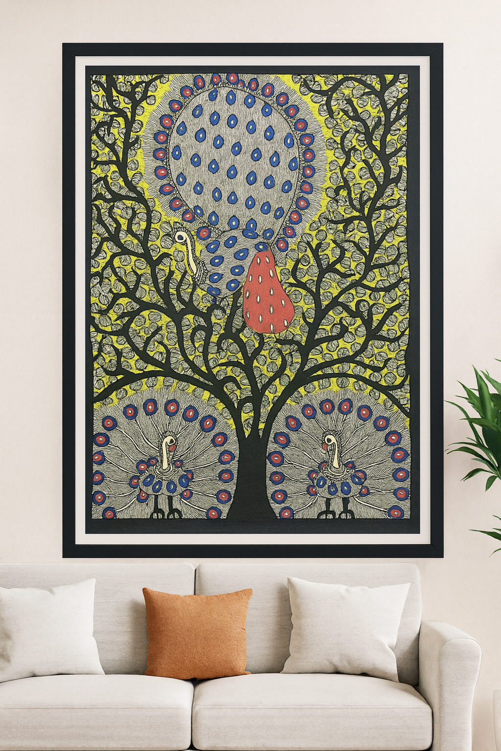 Handcrafted Madhubani Painting – Peacocks Under the Sacred Tree (Without Frame)