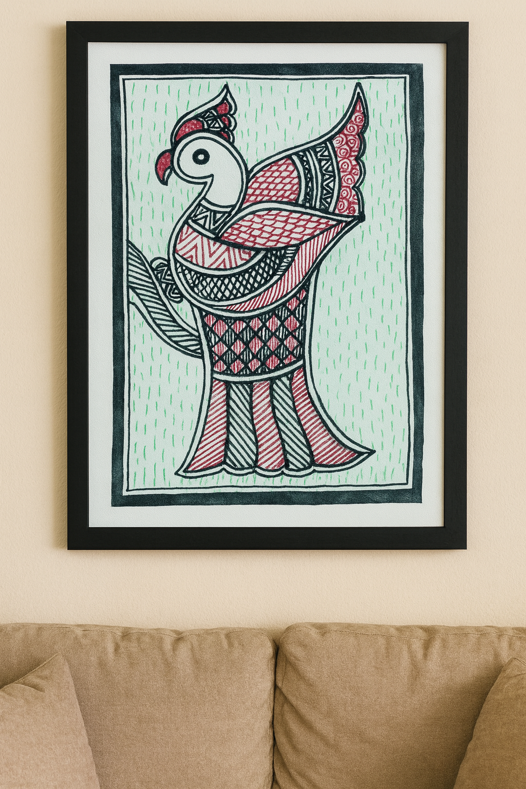 Handcrafted Madhubani Painting – Traditional Folk Bird Motif (Without Frame)