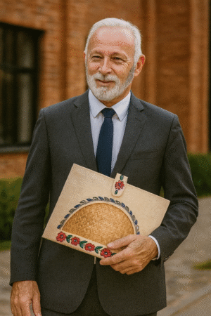 Handcrafted Natural Jute & Cane Clutch — Floral Embroidered Half-Moon Design