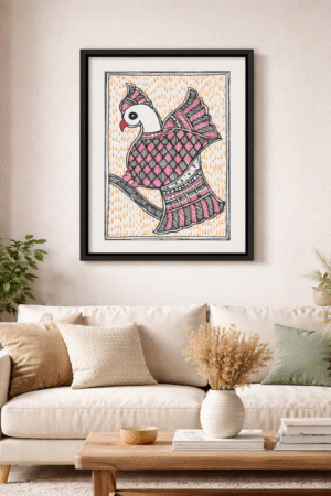 Handcrafted Madhubani Painting – Traditional Folk Bird Motif (Without Frame)