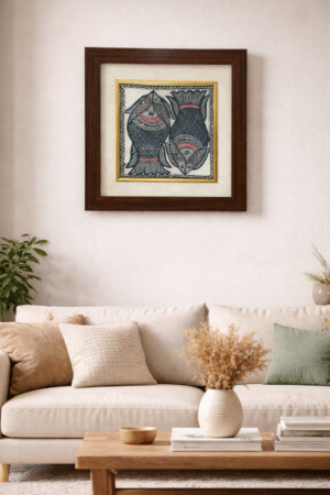 Handcrafted Madhubani Painting – Two intricately detailed fish Theme (Without Frame)