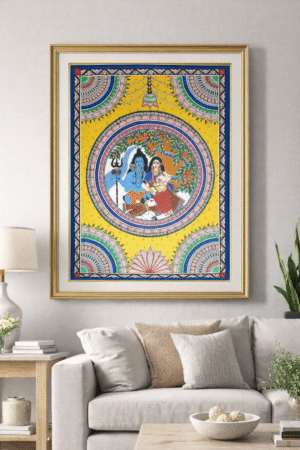Handcrafted Madhubani Painting – Featuring a divine family scene (Without Frame)