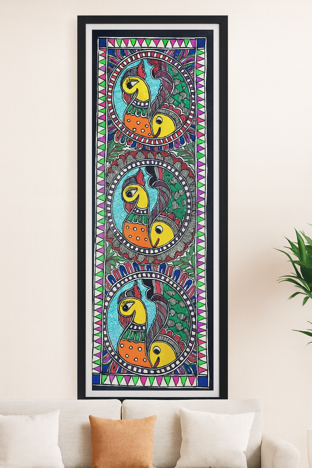 Handcrafted Madhubani Painting – Triple Peacock Harmony Theme (Without Frame)