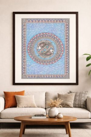 Handcrafted Madhubani Painting – Featuring A Symbolic Fish Motif (Without Frame)