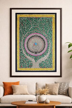 Handcrafted Madhubani Painting – Stylized bird set within a lush, decorative forest (Without Frame)