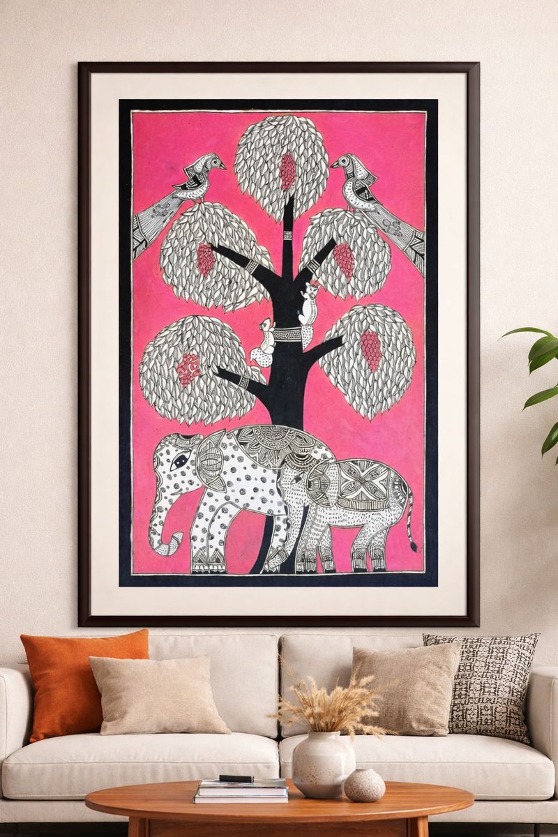 Handcrafted Madhubani Painting – Forest scene filled with animals and intricate patterns (Without Frame)