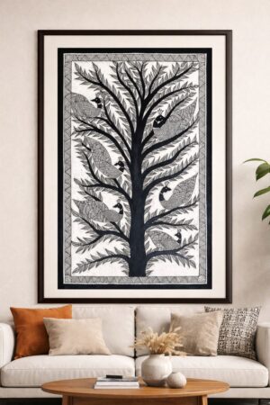 Handcrafted Madhubani Painting – Beautifully stylized tree filled with peacocks (Without Frame)