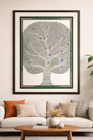 Handcrafted Madhubani Painting – Showcasing a grand, stylized tree filled (Without Frame)