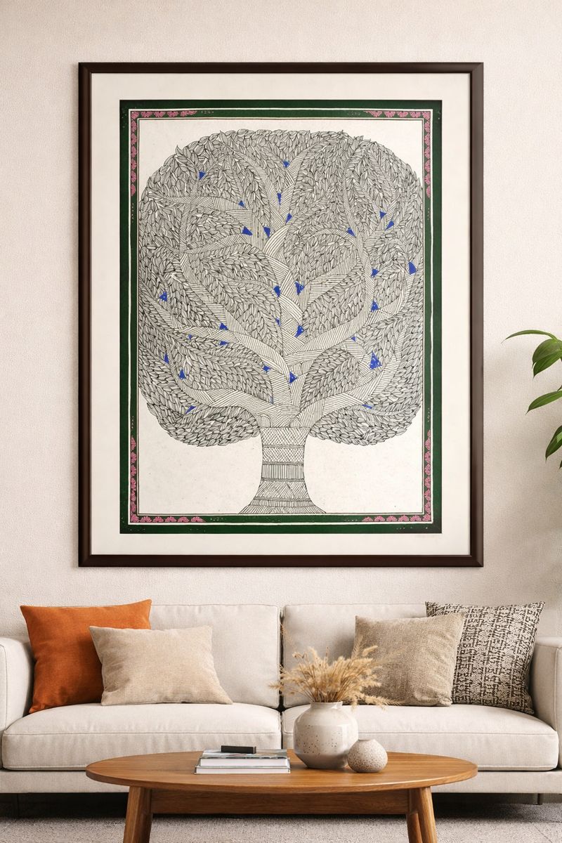Handcrafted Madhubani Painting – Showcasing a grand, stylized tree filled (Without Frame)
