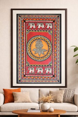 Handcrafted Madhubani Painting – Traditional motifs, symmetry, and folk symbolism (Without Frame)
