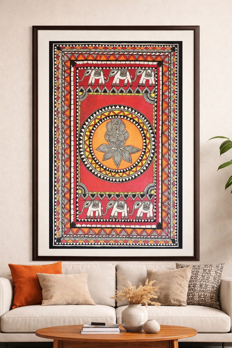 Handcrafted Madhubani Painting – Traditional motifs, symmetry, and folk symbolism (Without Frame)