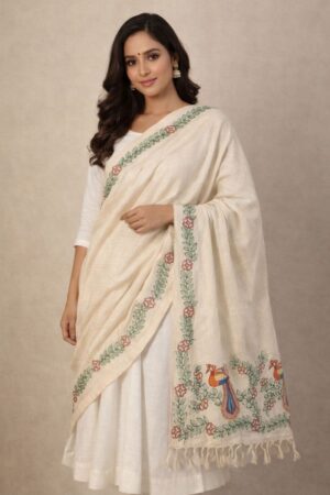 Cotton Dupatta With Hand Painted Traditional Madhubani Painting Motifs
