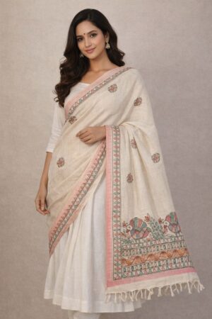 Cotton Dupatta With Hand Painted Traditional Madhubani Painting Motifs
