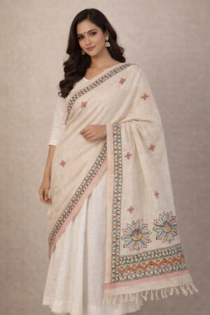 Cotton Dupatta With Hand Painted Traditional Madhubani Painting Motifs