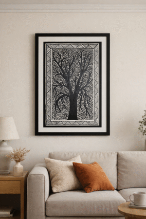 Handcrafted Madhubani Painting – Black-and-white folk-style painting (Without Frame)