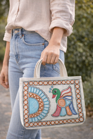 Handmade Jute Purse Bag With Peacock Design Theme