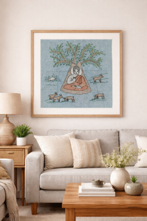 Handmade Sujani Embroidery Wall Art On Textile- Lord Buddha Theme (Without Frame)
