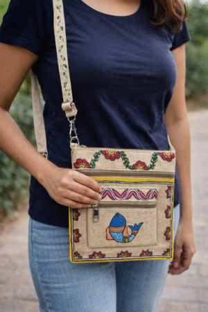 Handmade Jute Sling Bag With Tikuli Painting