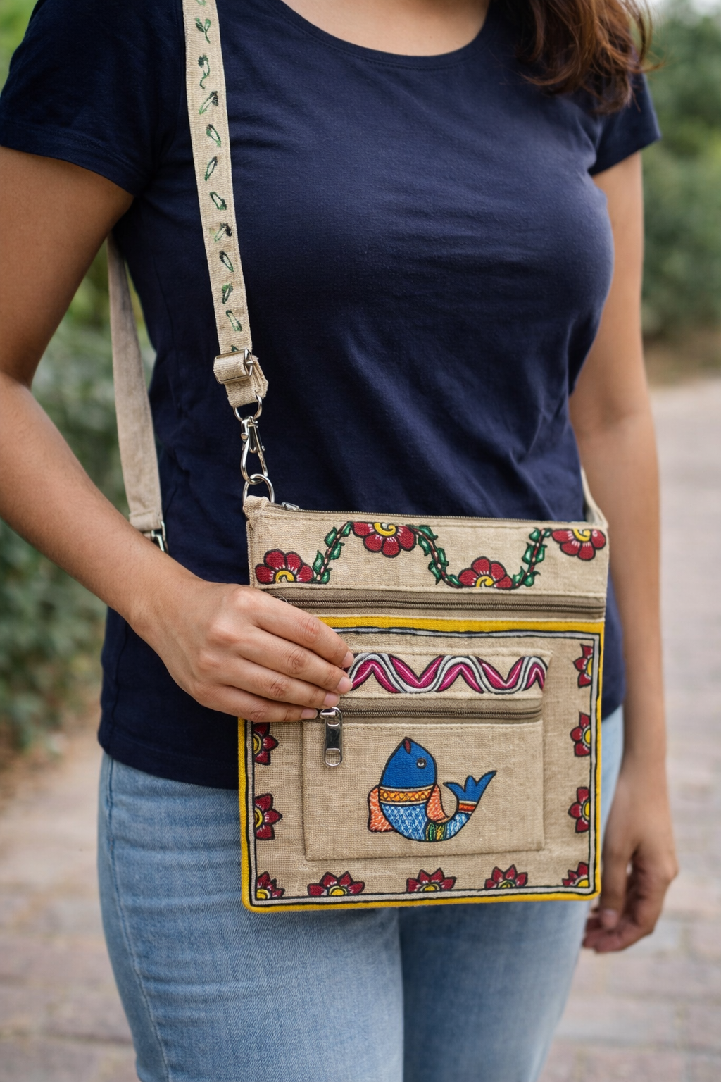 Handmade Jute Sling Bag With Tikuli Painting