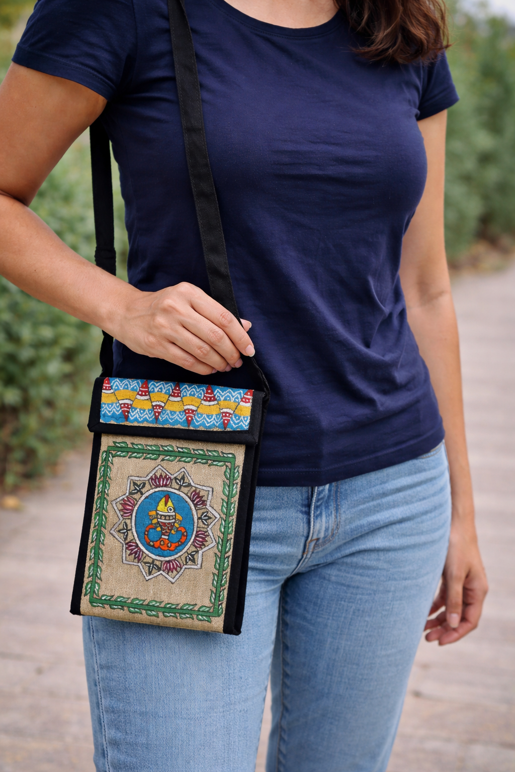 Handcrafted Tikuli Painting on Jute Mobile Pouch