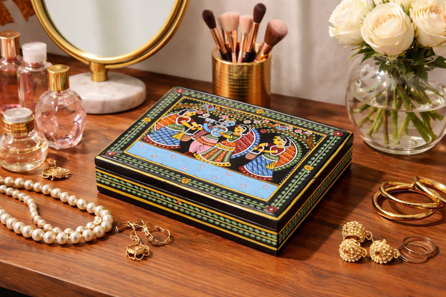 Handmade Wooden Jewellery Box With Tikuli Painting