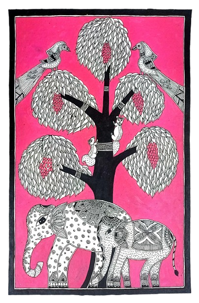 Handcrafted Madhubani Painting – Forest scene filled with animals and intricate patterns (Without Frame) - Image 2