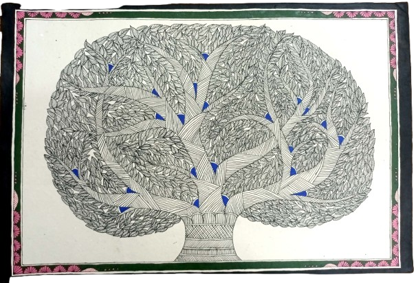 Handcrafted Madhubani Painting – Showcasing a grand, stylized tree filled (Without Frame) - Image 2