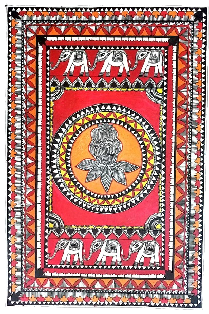 Handcrafted Madhubani Painting – Traditional motifs, symmetry, and folk symbolism (Without Frame) - Image 2