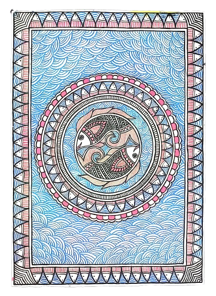 Handcrafted Madhubani Painting – Featuring A Symbolic Fish Motif (Without Frame) - Image 2