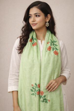 Hand-Embroidered Floral Vine Linen Table Runner – Pastel Green